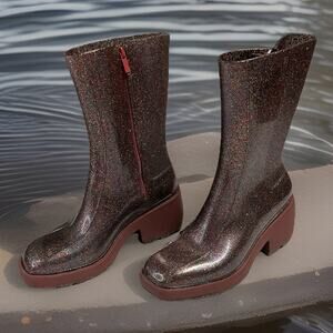 MELISSA “Nancy” Vegan Rain boots Glossy Glitter Moody Pink Zip Chunky Platform 9